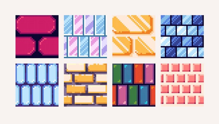 Vector cristal de mosaico y gemas arte de píxeles bloques cuadrados texturas de patrones geométricos sin costuras abstractas de 8 bits