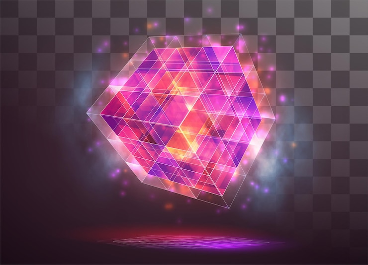 Vector cristal de vector. poder y energía de los elementos. resplandor azul, violeta, neón.