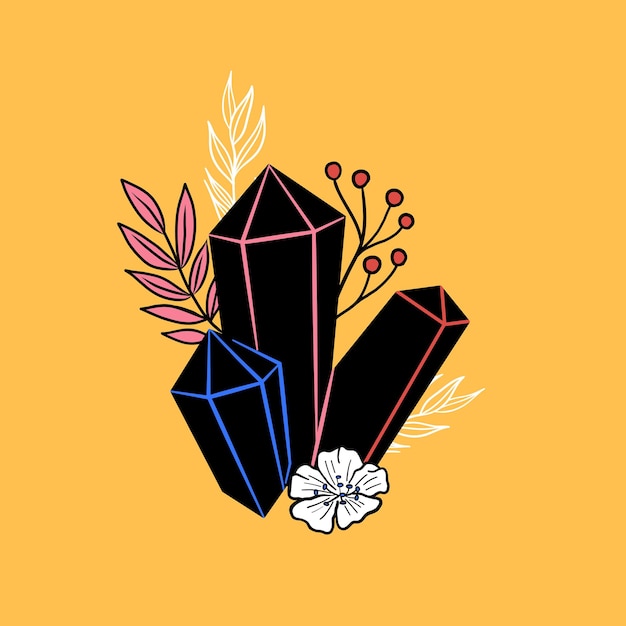 Vector cristal vectorial con tarjeta de plantas composición elegante dibujada a mano con piedras preciosas