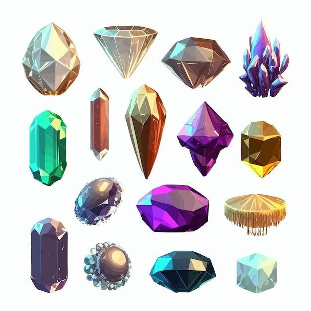 Cristales mágicos piedras preciosas preciosas con brillo y destellos Aislados en el fondo Ilustración vectorial de dibujos animados