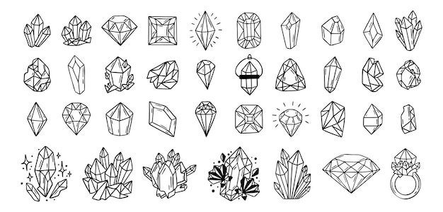 Cristales místicos o diamantes aislados conjunto de clipart cristales mágicos dibujados a mano cristales doodle