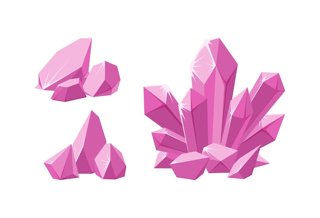 Cristales y piezas preciosas de roca rosa Conjunto de estalagmita rosa y cristales rotos Gemas de amatista