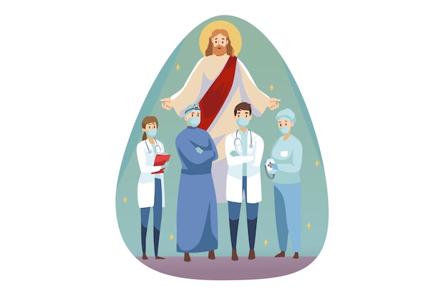 Vector cristianismo, biblia, religión, protección, salud, cuidado, concepto de medicina. jesucristo hijo de dios mesías protegiendo a hombres mujeres médicos enfermeros con mascarillas parados juntos. apoyo y cuidado divinos