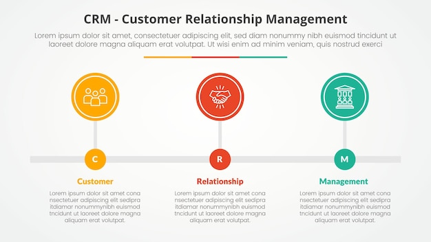CRM gestión de relaciones con el cliente concepto infográfico para presentación de diapositivas con contorno de círculo grande línea de tiempo horizontal con lista de 3 puntos con estilo plano