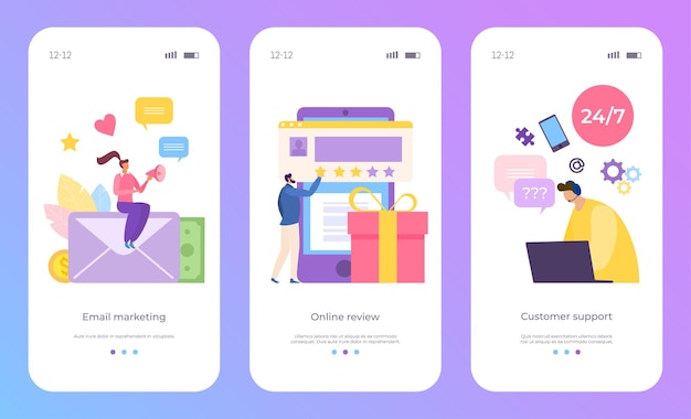 Vector crm mediante revisión en línea de marketing por correo electrónico y atención al cliente establece marketing en línea de ilustración vectorial