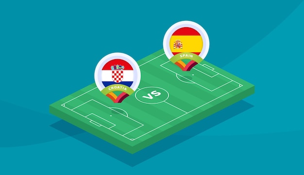 Croacia vs españa partido de octavos de final, campeonato europeo de fútbol 2020 ilustración vectorial. partido de campeonato de fútbol 2020 contra equipos intro fondo deportivo