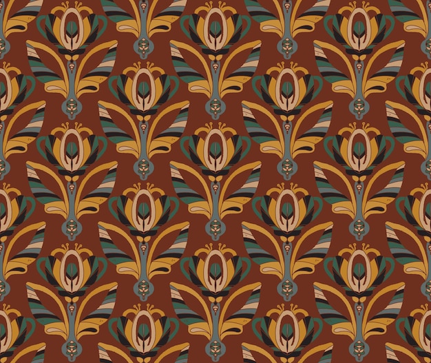Crocus patrón floral sin costuras con flores y hojas decorativas estilizadas en estilo de arte popular Impresión ornamental vintage inspirada en motivos tradicionales Ideal para textiles papel tapiz y papelería