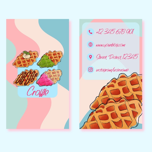 Vector croffle croissant waffle con diferentes ingredientes tarjeta de visita vectorial dibujada a mano