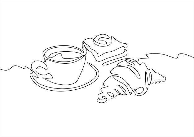 Croissant y café dibujado en una línea estilo desayuno