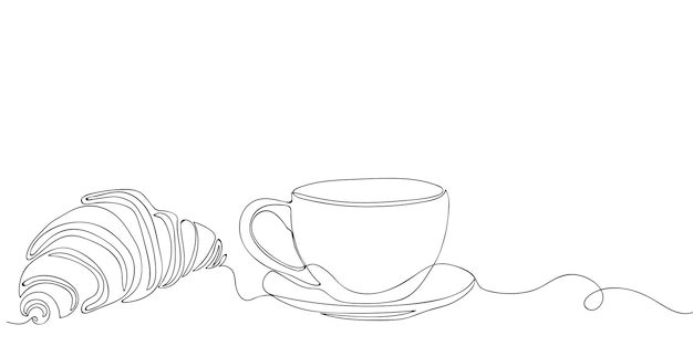 Un croissant de dibujo continuo con taza de café Desayuno en estilo lineal simple Pastelería