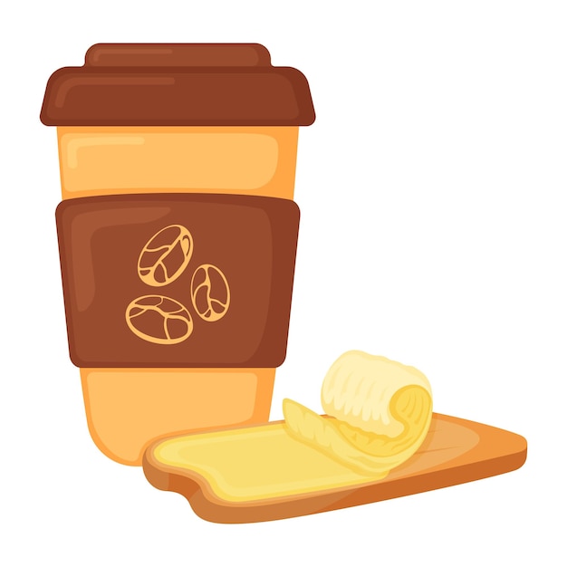 Croissant francés con taza de café, icono de producto de panadería de mantequilla de desayuno, ilustración de vector de comida de bebida orgánica de dibujos animados de concepto, aislado en blanco. Alimentos horneados con harina de lechería alta en calorías.