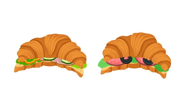 Croissants crujientes con varios ingredientes establecidos croissant francés con pepino salchicha pimienta oliva ilustración vectorial