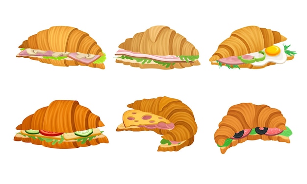 Croissants franceses crujientes con diferentes rellenos como tocino en rodajas y set vectorial de queso