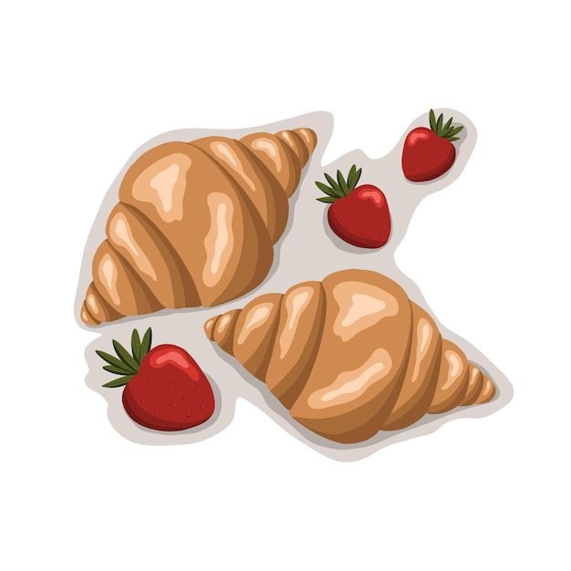 Vector croissants con fresas ilustración vectorial dibujado a mano