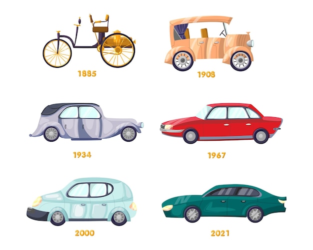 Vector cronología de la evolución del conjunto de ilustraciones vectoriales de automóviles. modelos antiguos, clásicos y modernos de automóviles, industria automotriz aislada en fondo blanco. transporte, transporte, concepto de historia.