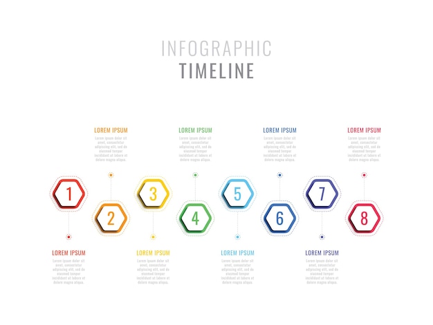 Cronología infográfica de ocho pasos con elementos hexagonales. plantilla de proceso de negocio con opciones