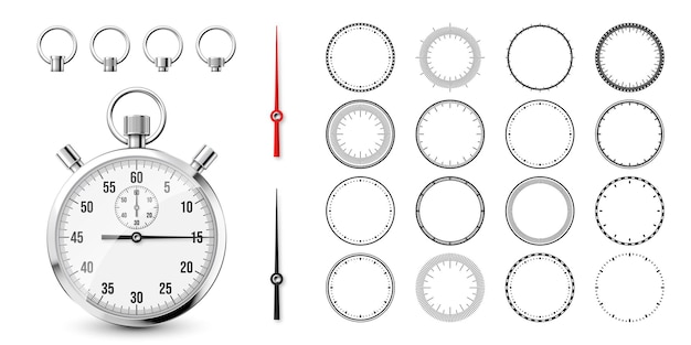 Vector cronometro clásico con caras de reloj cronómetro de metal brillante contador de tiempo con contador regresivo de marcación