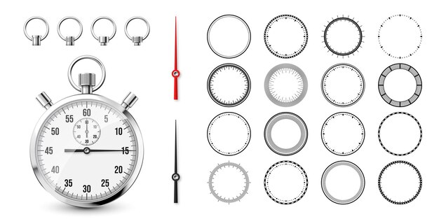 Vector cronometro clásico con caras de reloj cronómetro de metal brillante contador de tiempo con contador regresivo de marcación