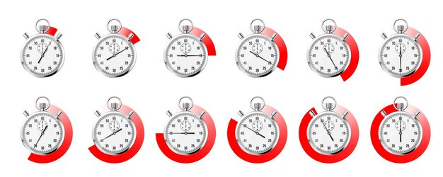 Cronómetro clásico realista, cronómetro de metal brillante, contador de tiempo con dial, temporizador de cuenta atrás rojo
