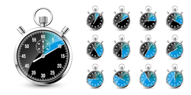 Cronómetro clásico realista, cronómetro de metal brillante, contador de tiempo con esfera azul y temporizador de cuenta regresiva