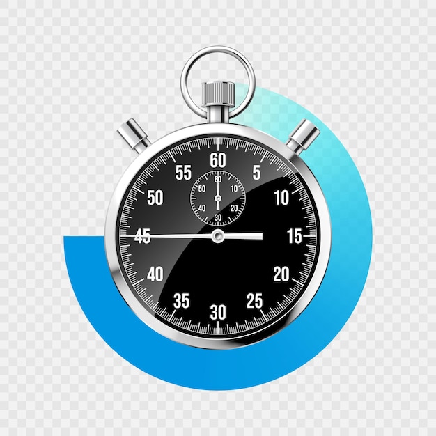 Cronómetro clásico realista, cronómetro de metal brillante, contador de tiempo negro con esfera azul y cuenta regresiva