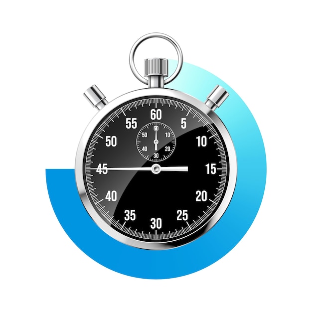 Cronómetro clásico realista, cronómetro de metal brillante, contador de tiempo negro con esfera azul y cuenta regresiva
