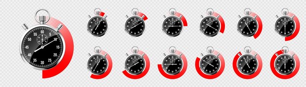 Cronómetro clásico realista, cronómetro de metal brillante, contador de tiempo negro con esfera, temporizador de cuenta atrás rojo