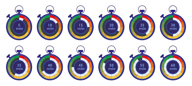 Cronómetro conjunto de iconos aislados Etiquetas de tiempo de cocción o ejecución Ilustración vectorial