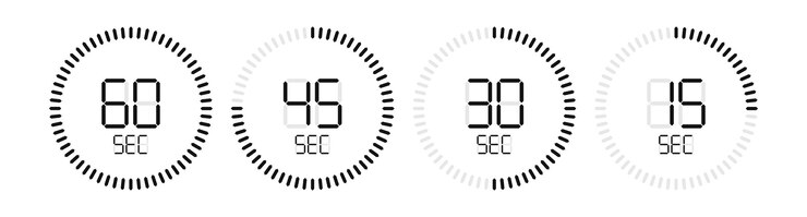 Vector cronómetro digital de cuenta regresiva con visualización de segundos. temporizador, reloj, conjunto de iconos de reloj.