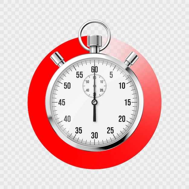 Vector cronómetro metálico brillante de cronómetro clásico realista con contador de tiempo de cuenta atrás con esfera roja