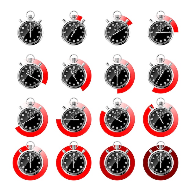 Cronómetro metálico brillante de cronómetro clásico realista contador de tiempo negro con reloj de cuenta atrás rojo