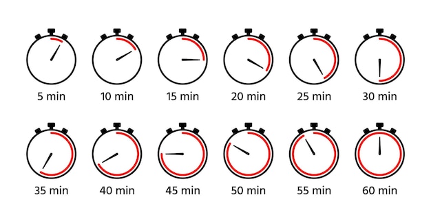 Vector cronómetro de relojes redondos icono de cronómetro temporizadores con diferentes minutos temporizador de cuenta regresiva