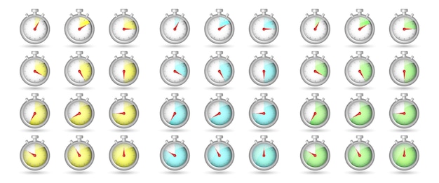 Vector cronómetros 3d realistas de dibujos animados con diferente tiempo aislado sobre fondo blanco