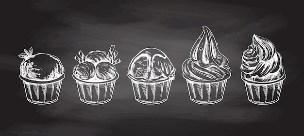 Vector croquis dibujados a mano de bolas de helado o cupcakes en tazas aisladas sobre fondo de pizarra