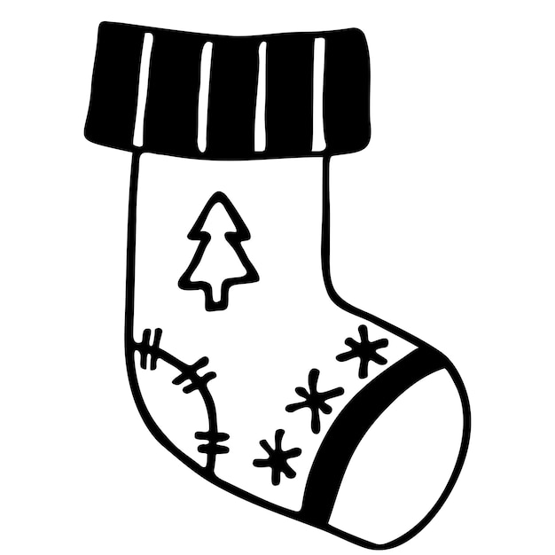 Croquis dibujados a mano de una bota de Navidad con abeto y copo de nieve sobre un fondo blanco.