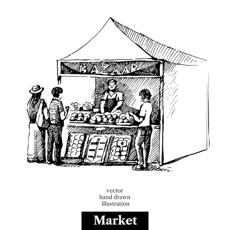 Vector croquis dibujados a mano granjeros mercado bazar puesto verduras frutas mostrador de comida con personas vector ilustración vintage en blanco y negro