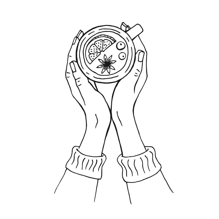 Croquis dibujados a mano de manos sosteniendo una copa de vino caliente ilustración vectorial aislado sobre fondo blanco.