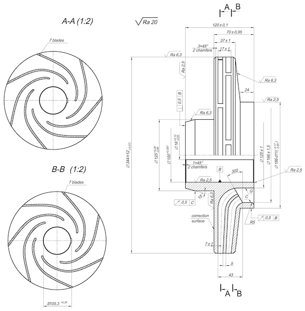 Croquis de rueda con sección y álabes