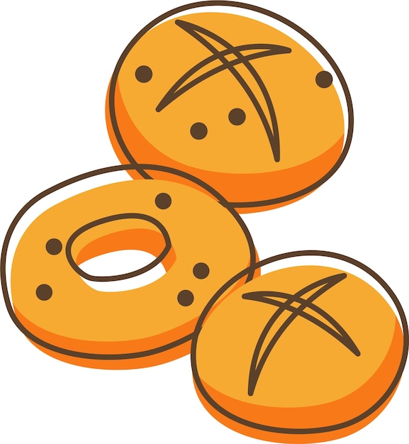 Vector cross buns and donuts en line art sketch style