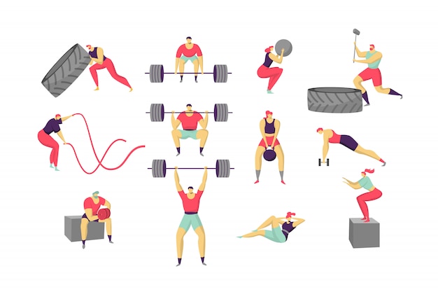 Cross fit people training, entrenamiento de personajes de dibujos animados, en blanco, ilustración