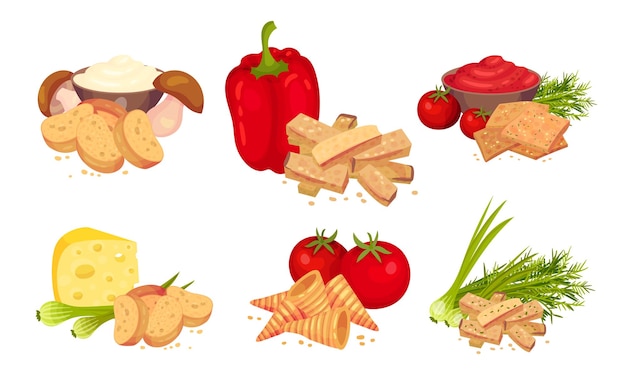 Croutons con varios sabores dispuestos con productos como pimienta y queso Vector Set