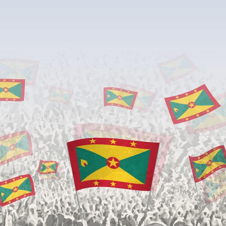 Vector crowd of people waving flag of grenada square graphic for social media and news