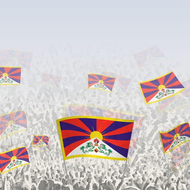 Crowd of people waving flag of Tibet square graphic for social media and news