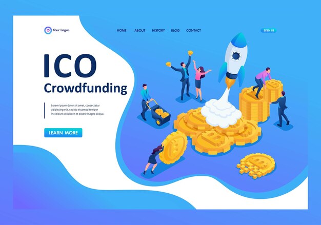 El crowdfunding isométrico de ICO en el negocio de las criptomonedas tiene dinero para invertir en proyectos Conceptos de página de destino y diseño web