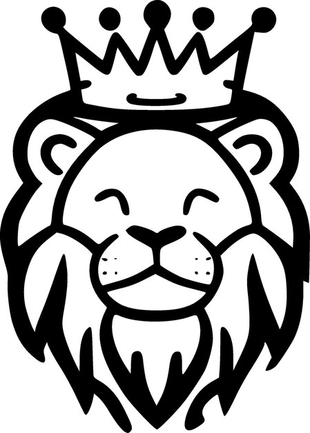 Crown Lion Cartoon Ilustración vectorial de ícono aislado en blanco y negro