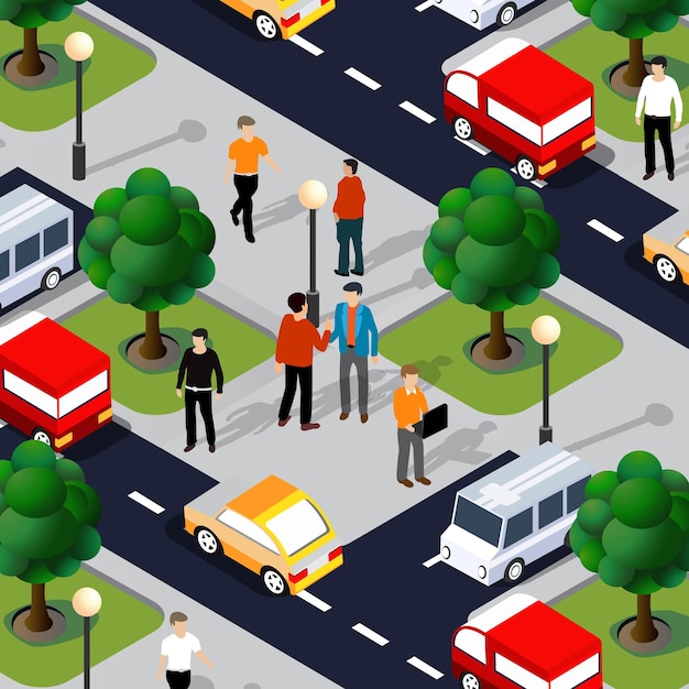 Cruce de calles isométricas Ilustración 3D del barrio de la ciudad con calles personas automóviles Ilustración de stock para la industria del diseño y los juegos