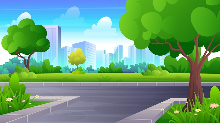 Vector cruce de calles en el parque de la ciudad con patio verde, árboles, césped y horizonte de la ciudad, gar público de dibujos animados