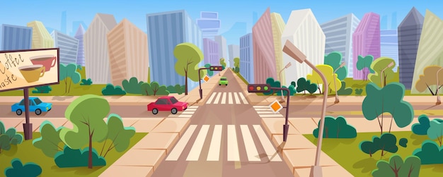 Cruce de caminos y paisaje urbano en la gran ciudad moderna de dibujos animados