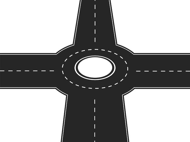 Vector cruce de cuatro vías con plataforma redonda en el centro autopista negra con intersección y señalización vial vía de tráfico con dirección de vida vectorial correcta