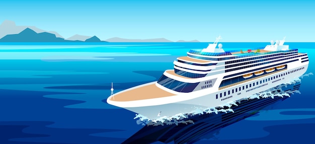 Vector crucero blanco en el océano azul o el mar viaje en el océano pacífico o atlántico concepto de boletos de reserva de la agencia de viajes de verano cartel con paisaje marino fondo marino con barco ilustración vectorial